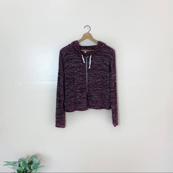 [American Eagle] Heather Burgundy Semi Cropped Full Zip Hooded Sweatshirt - Picture 1 of 8